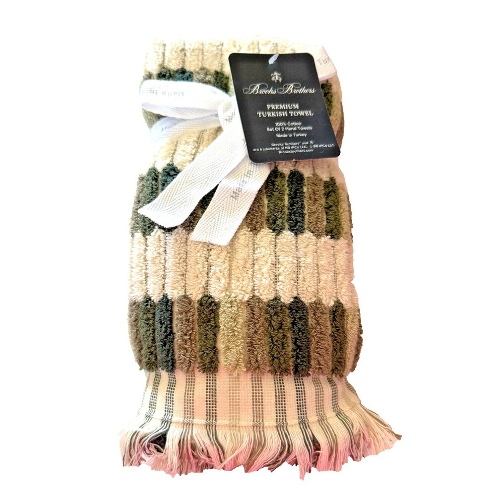 Brooks Brothers Hand Towels Set of 2 Green Luxury Mosaic Tile Thick Plush